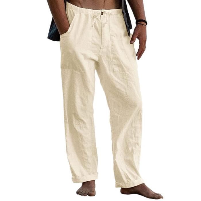 Pantalon Homme été En Coton-lin - Coupe Droite, Taille élastique, Léger Et Confortable - Pour Yoga, Jogging, Quotidien