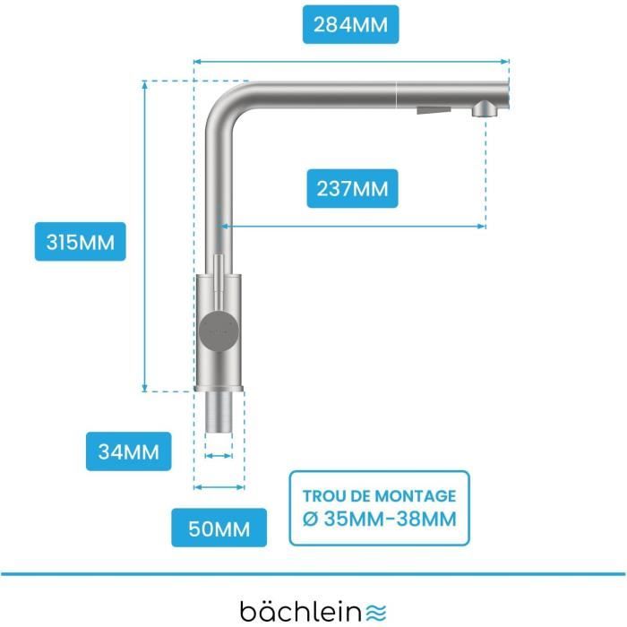 Bächlein Robinet de cuisine pivotant à 360° (acier inoxydable