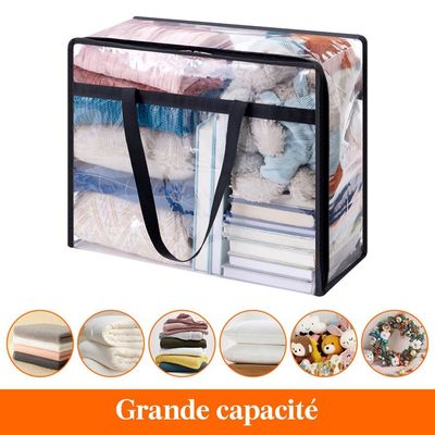 Lot De 4 Grands Sacs De Rangement QWORK 90 L - 69x35x38 Cm, Avec Couvercle, Poignées Renforcées Et Fenêtre Transparente