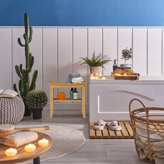 Tabouret Salle De Bain Bambou Avec Étagère - Banc Naturel Relaxdays 45x51,5x34 Cm, Rangement Serviettes & Accessoires