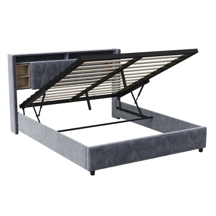 Lit Coffre 160x200 Cm Avec Rangement, LED Et Charge USB - Gris Velours, Sommier Inclus