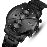 Montres de mode hommes LINGYUE Top en acier inoxydable de luxe étanche chronographe de sport à quartz montre hommes - Noir