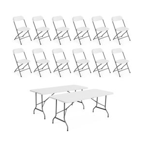Ensemble table et chaise de jardin Lot de 2 tables de réception pliables en plastique blanc 180cm + 12 chaises d'appoint. table de camping 