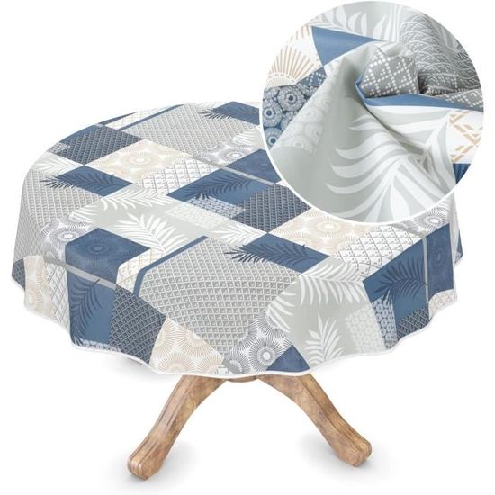 Nappe Ronde En Toile Cirée 140 Cm - Aspect Lin Anthracite - Imperméable Et Lavable - Pour Terrasse, Balcon, Jardin - 3