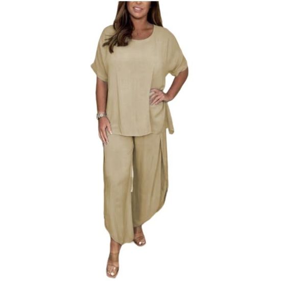 Ensemble 2 Pièces Femme Lin & Coton | Tailleur Élégant Pantalon Large Haut Sans Manches