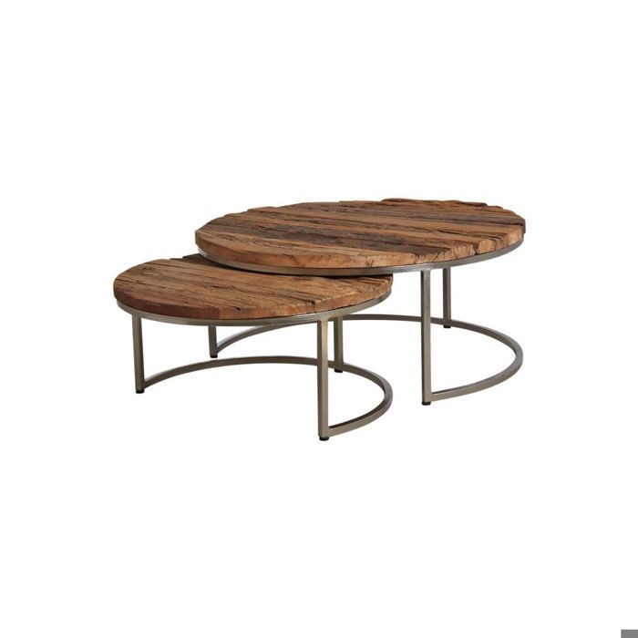 Tables gigognes en bois massif et acier (Lot de 2) Naturel