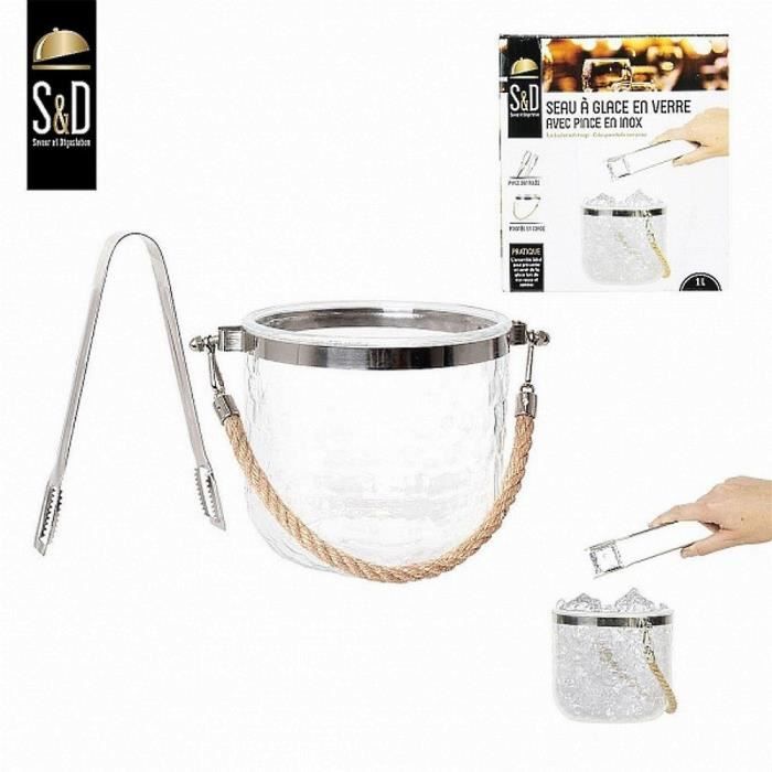 SEAU A GLACE EN VERRE 1L ET PINCE DENTELEE EN INOX USTENSILE CUISINE