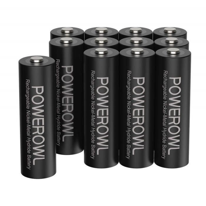 Piles, chargeurs & testeurs POWEROWL Piles Rechargeables AA Paquet de 12 Piles AA Pré-chargé 2800mAh 1.2V Ni-Mh 1200 Cyc 54372