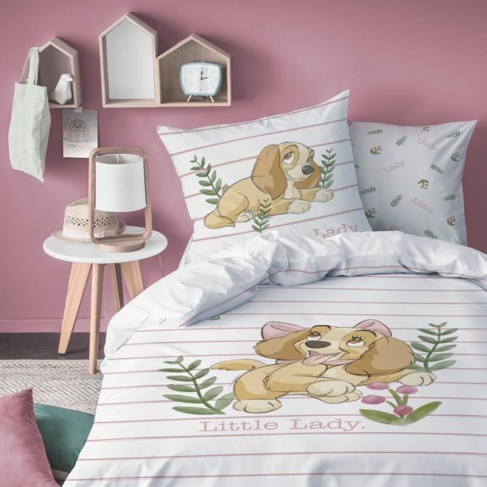 Housse de couette et taie d'oreiller 100% coton Disney La Belle et le Clochard