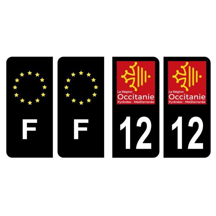 Lot 4 Autocollants plaque immatriculation voiture département 12 Aveyron Région Occitanie Noir Couleur & F France Europe