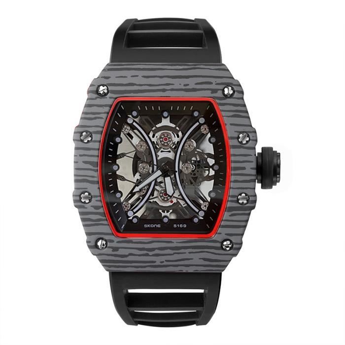 SHARPHY Montre homme quartz creux cadran tonneau bracelet en silicone noir cool sport transparent