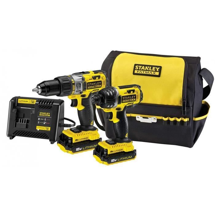 KIT 2 Outils Perceuse à percussion et Visseuse à choc 18V STANLEY FATMAX 2 Batteries 2.0 Ah Chargeur Sac de transport FMCK461C
