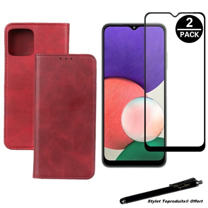 Etui portefeuille rouge pour Samsung Galaxy A22 5G Housse et 2 Verres trempés bords noirs avec Stylet Toproduits®