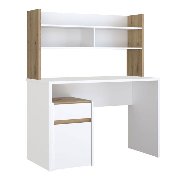 Bureau et surmeuble 110 cm blanc mat et décor bois de chêne - ODYSSÉE Meubletmoi Bureau et surmeuble 110 cm blanc mat et décor bois de chêne - ODYSSÉE Meubletmoi