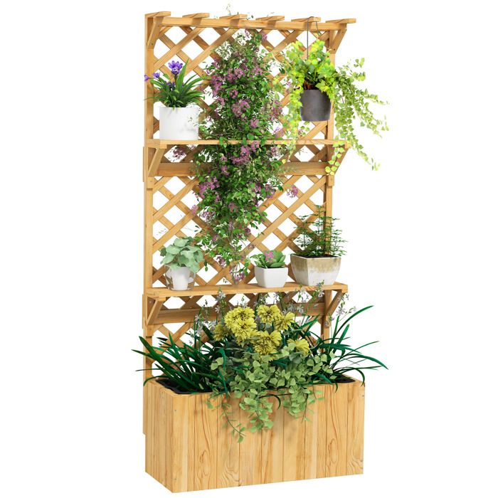 Jardinière avec treillis en bois - Outsunny - toit suspendu trous de drainage et doublure - pour balcon terrasse patio - naturel