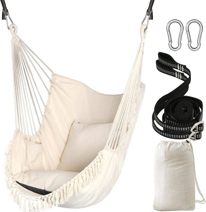 Chaise Hamac De 150 Kg, Grande Chaise Suspendue En Corde De Coton Doux Avec Tige En Métal à Haute Capacité De Charge, Intérieur Ou Extérieur, Jardin, Cour, Salon