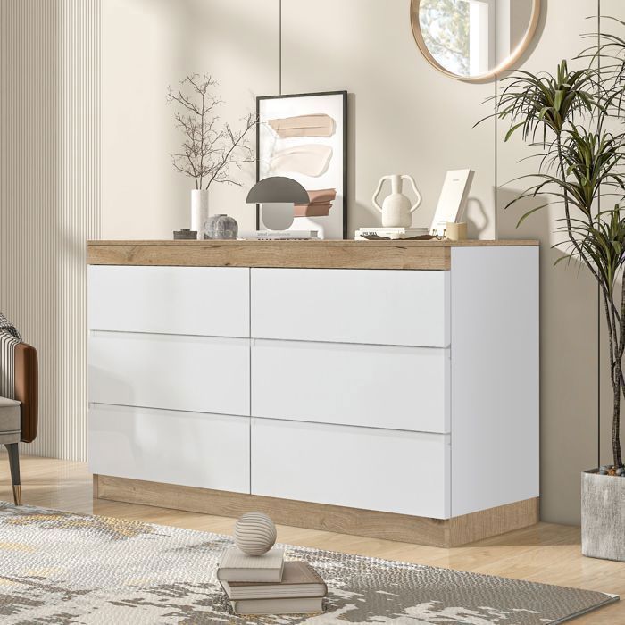 Buffet Salon Classique avec 6 Tiroirs CasierArmoireCommode Chambre Elégant Blanc et Bois 110x40x67.5cm