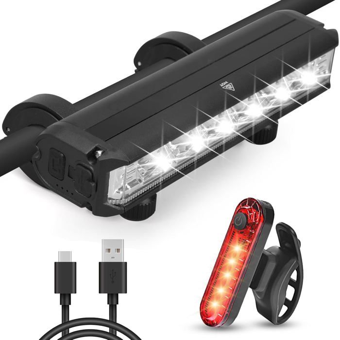 Kit déclairage LED pour vélo - Éclairage Avant & feu arrière pour vélo - Lumière de vélo Rechargeable par USB Type-C