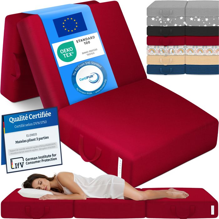 ELONEO Matelas Pliant 3 Parties Mousse Épaisse 15 cm Lavable Pour Adulte 90x200x15 cm rouge