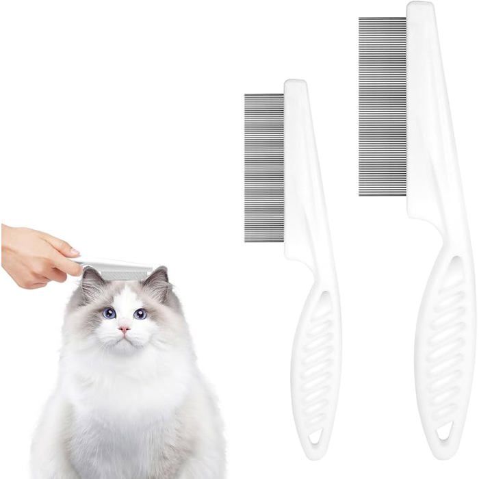 Peigne Anti-Puces pour Chat et Chien Grand + Petit Peigne Dents Fines pour Poils Longs et Courts Enlever Les 2pcs Blanc PEIGNE