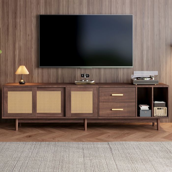 Meuble TV - SOGEU - Rattan - 190x40x52 cm - MDF et portes rotin - 2 tiroirs 3 portes