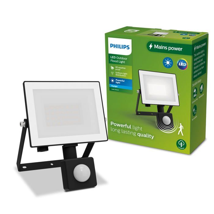 Projecteur extérieur avec détecteur - Philips - 20W - 5000K - Noir - IP65 - LED - Détecteur de mouvement - 15 000 heures