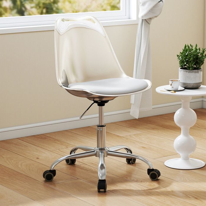 COSTWAY Chaise de Bureau Roulante - Siège 47 x 39 x 43-53 cm Pivotant - Réglable en Hauteur sans Accoudoirs Transparente