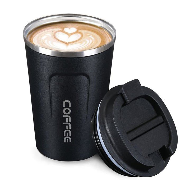 Mug Isotherme - Tasse Isotherme - Mug Isotherme Café - Thermos Café - Mugs avec Couvercle Noirs - avec une Capacité de 380 ml
