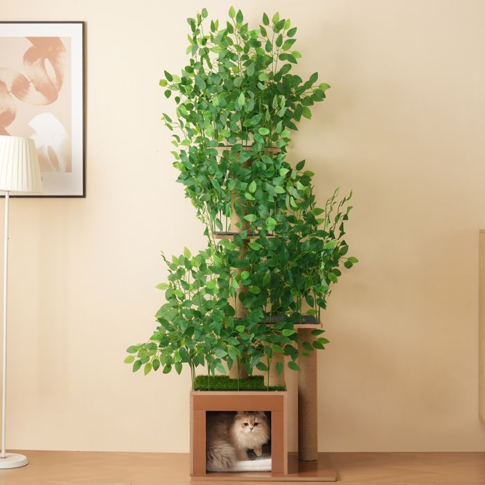 Arbre à Chat 190 cm – 4 Plateformes + Trous de Cachette MDF Étanche/Résistant aux Griffures Feuilles Amovibles
