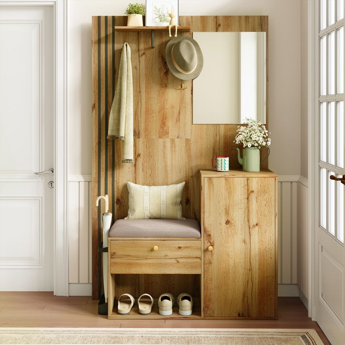 Ensemble de meubles dentrée - Armoire avec miroir - Porte-parapluie - Meuble à chaussures - 115x37x185 cm - MDF