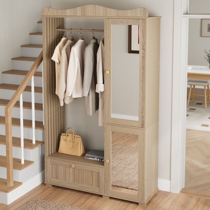 Meuble dentrée - Becag - Vestiaire dentrée avec miroir et penderie ouverte - 2 portes - 115.5x38.5x194.5cm - Couleur Chêne