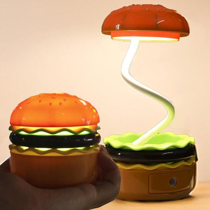 Lampe de bureau hamburger 3 en 1 - Éclairage LED réglable 360° - USB rechargeable - Avec taille-crayon - Pour étude et chevet