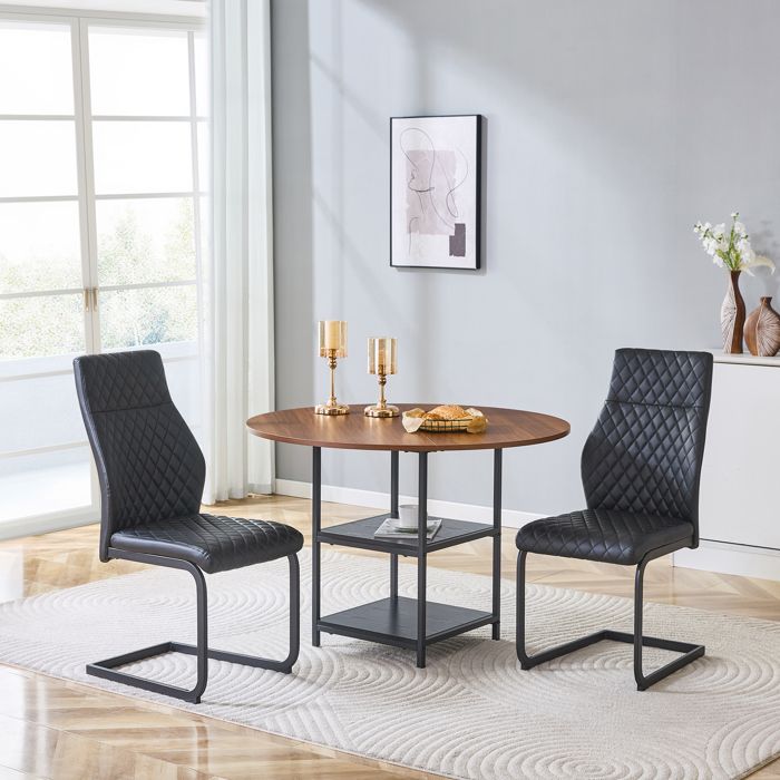 Ensemble table et chaises - Table ronde 107 cm - Double niveau de rangement - 2 chaises noires motif losange