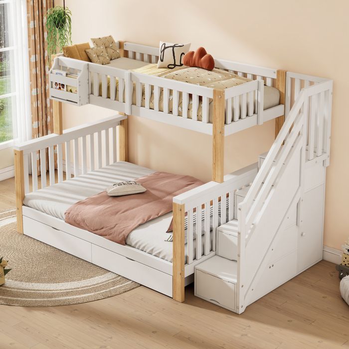 Lit Superposé Enfant 90x200 + 140x200 cm Lit 3 Places avec 2 Tiroirs Escalier de Rangement Panier et Étagères - Blanc + Naturel