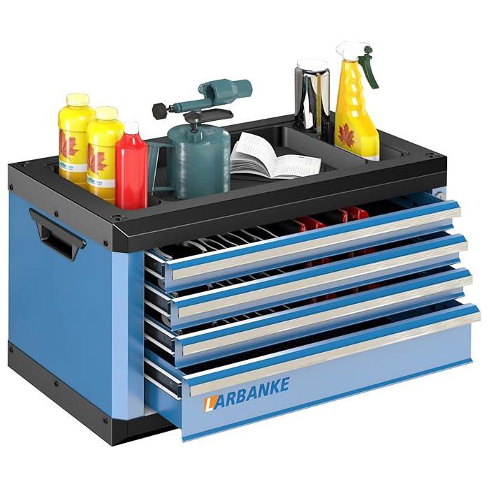 LARBANKE Commode 12 tiroirs plan acier inox verrouillage sécurisé roulettes pieds rembourrés rangement atelier garage.
