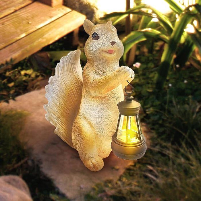 Statue Écureuil Solaire en Résine - Décoration de Jardin avec Lumière pour Extérieur - Animaux en Plein Air
