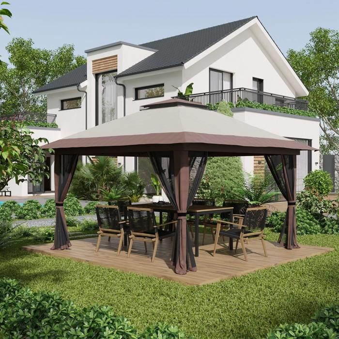 Tonnelle pliante 4 x 4 m beige avec double toit moustiquaires hauteur réglable et protection UV50+