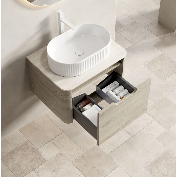 Meuble sous vasque suspendu 60 cm EVRYAE avec vasque ovale en céramique tiroir soft-close décor travertin