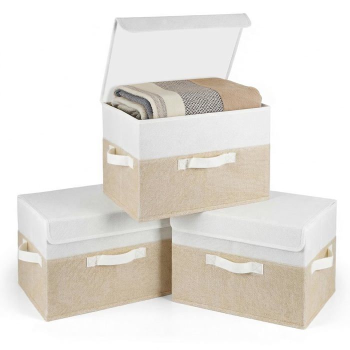 Lot de 3 Boîtes de Rangement Pliables avec Couvercle Beige  Tissu ble Poignées Pratiques 38x24x24 cm Pour  HOUSSE DE RANGEMENT