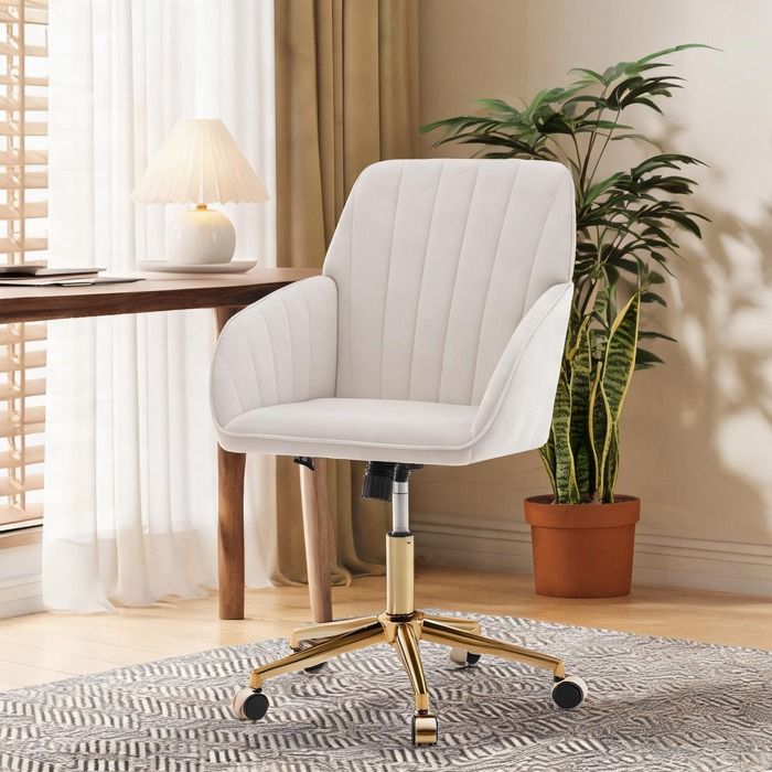 Fauteuil de bureau pivotant en velours soft white hauteur réglable 50-59 cm assise 11 cm 5 roulettes ergonomique