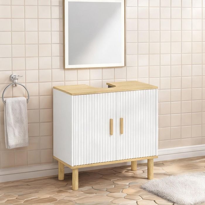 Meuble sous lavabo 60 cm en panneau mélaminé blanc avec portes cannelées étagère réglable et découpe U