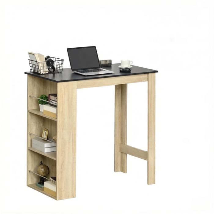 ELVORIN Table haute multifonction 112 x 57 x 106 cm avec 3 étagères latérales panneaux de particules noir et chêne