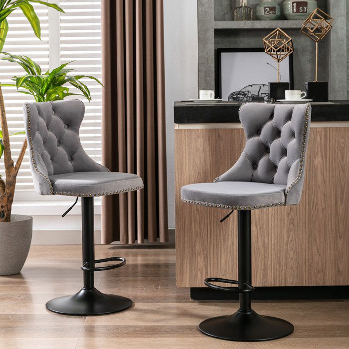 Lot de 2 Tabourets de bar pivotants réglables en hauteur avec dossier - LPOSPI - capitonné velours gris
