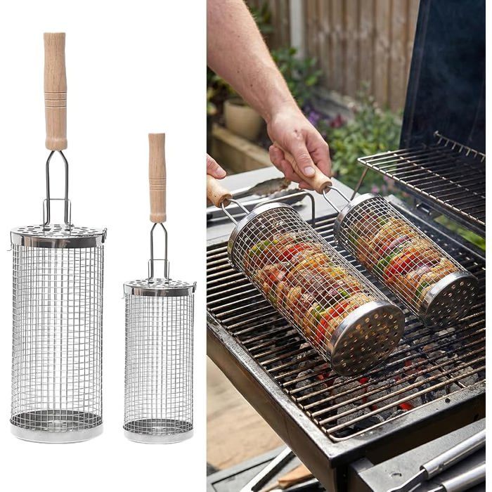 304 Stainless Steel Rolling Grill Basket Set with Long Wooden Handles Removable and Swiveling Ideal for Camping Gar HOUSSE BARBECUE