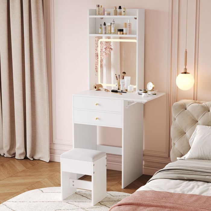 Coiffeuse - ZEVKOR - 75 x 45 x 156 cm - 2 tiroirs - Miroir LED tricolore dimmable - Tabouret inclus