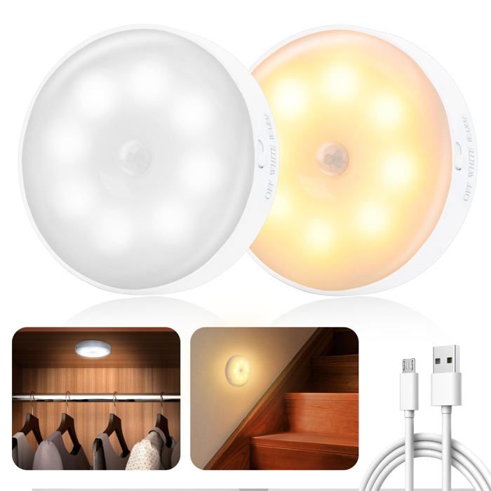 Lampe Détecteur de Mouvement Veilleuse LED Rechargeable 3 Modes éclairage Lampe Led Sans Fil Lumière descalier Cuisine (2pcs)