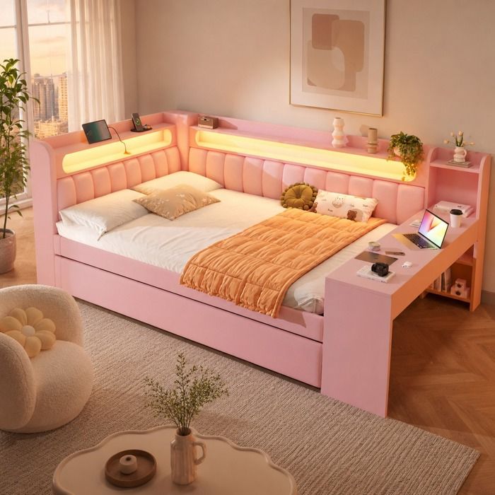Lit combiné 140x200 avec lit gigogne 90x190 bureau intégré étagères LED 7 couleurs et USB rose ORVRYN