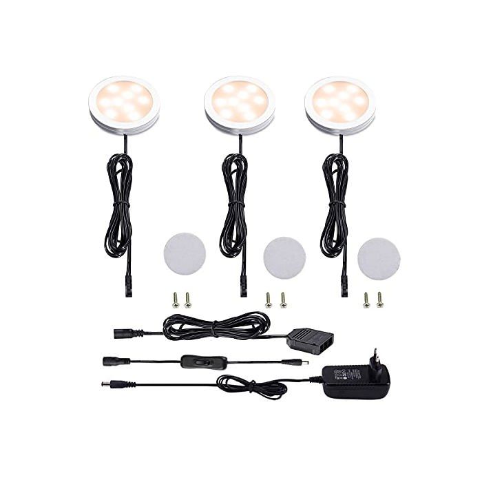 LED Lampe Sous Meuble Cuisine Rond Ultra Slim Eclairage Encastré pour Placard Contrer Larmoire 3 Paquets 12V 6W 2700K