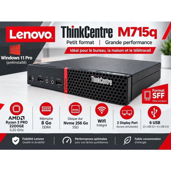 Mini Pc Lenovo ThinkCentre M715q Ryzen 3 PRO - 8 Go RAM - NVMe 256 Go