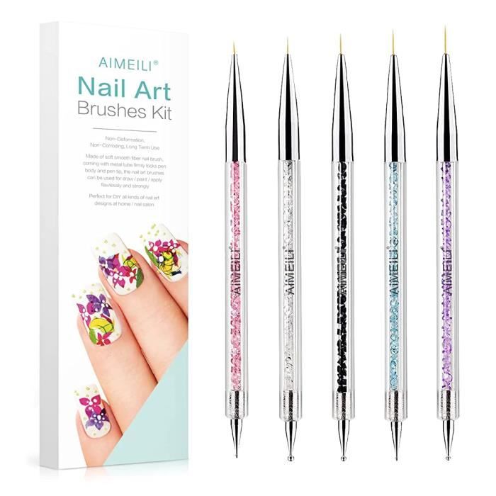AIMEILI 5 Pièces Pinceaux à Ongles Double Extrémité Brosse à Ongles Manucure Nail Art Brushes 5-7-9-11-20mm